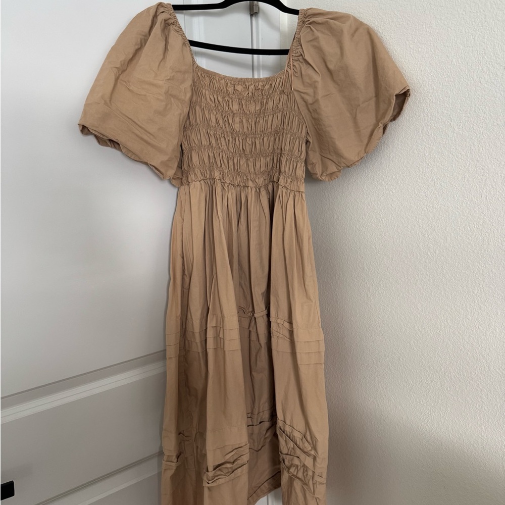 Smocked Puff-Sleeve Midi Dress in Beige